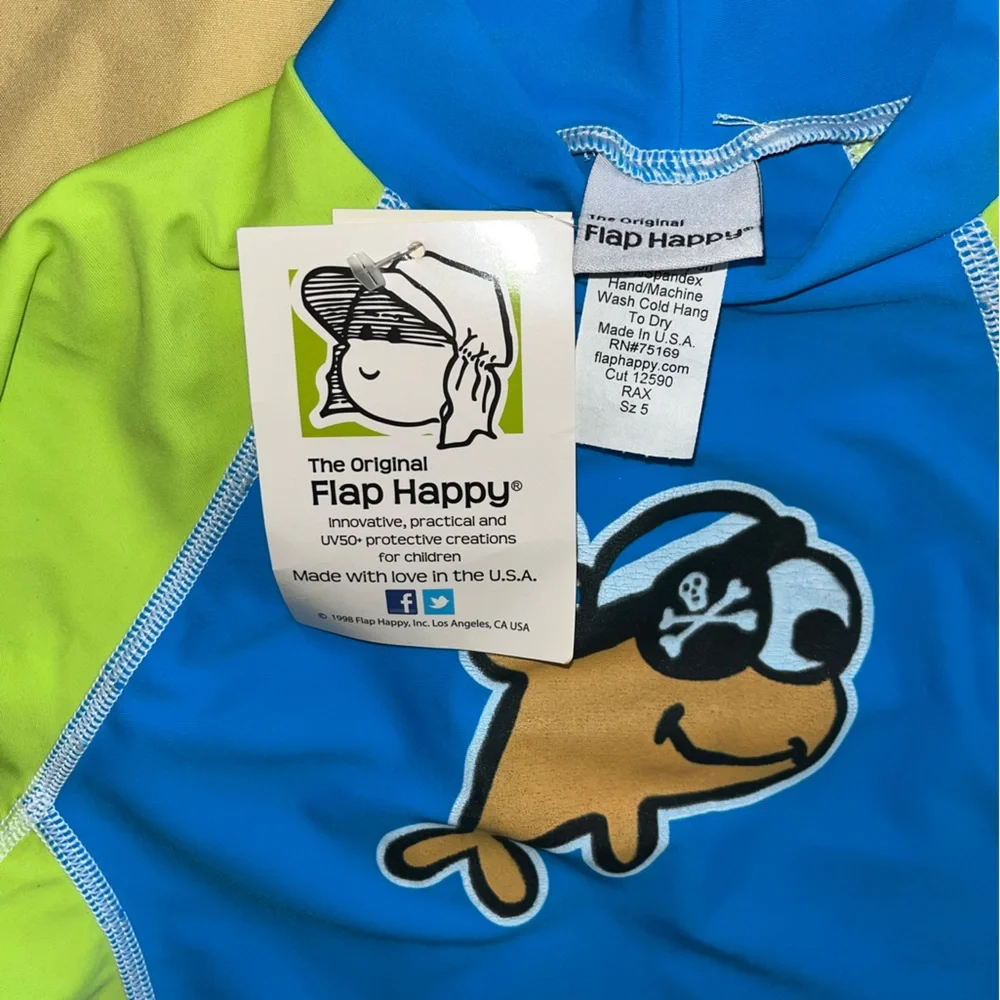 Flap Happy Kids UV 50 NWT Pirate Fish Graphic Rash Guard Swim Top Size 5